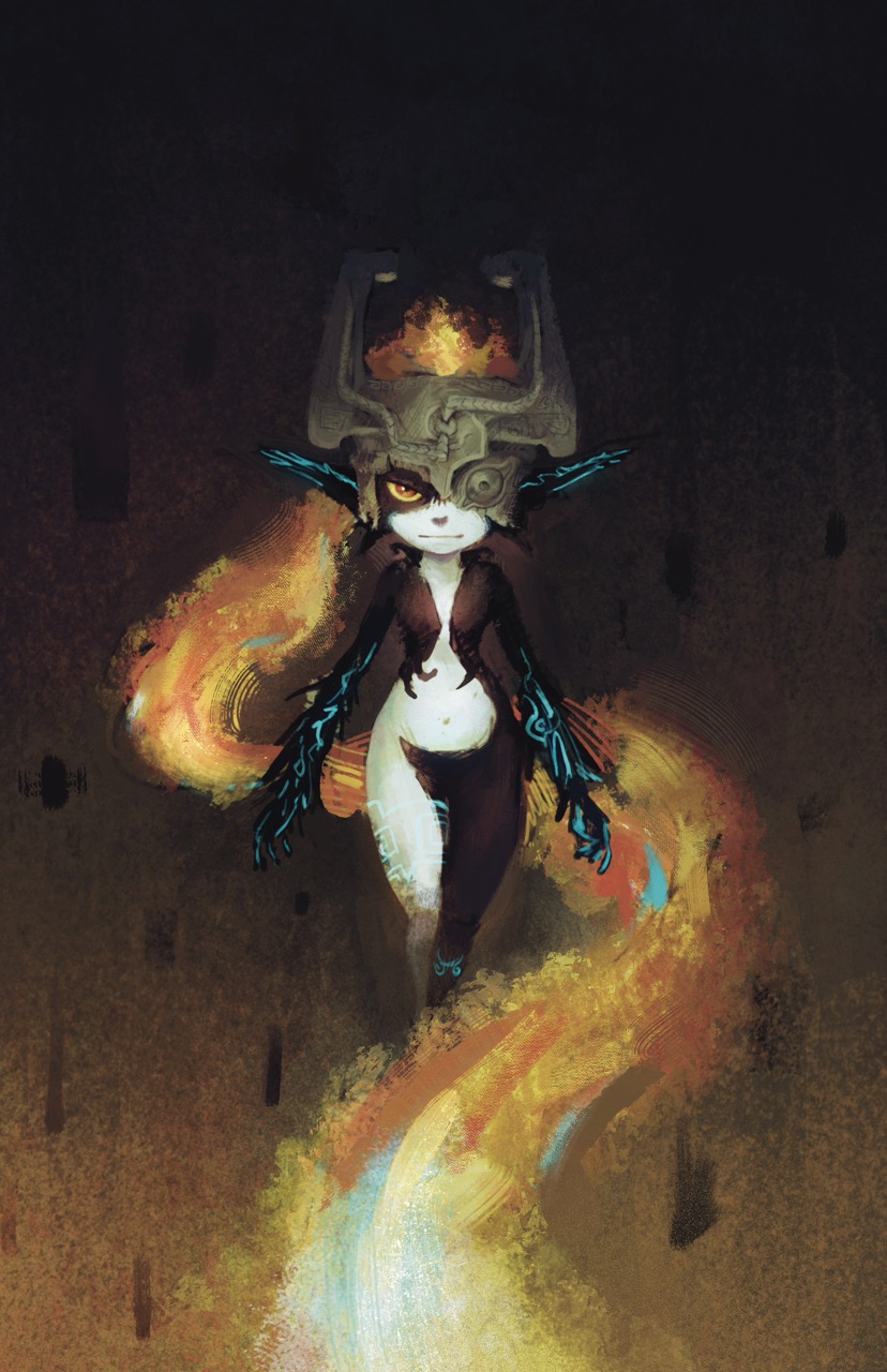 1girl, black_fur, brown_background, closed_mouth, colored_sclera, commentary, floating, gradient_background, helmet, highres, midna, one_eye_covered, red_eyes, rocketspurs, solo, the_legend_of_zelda, the_legend_of_zelda:_twilight_princess, two-tone_fur, white_fur, yellow_sclera