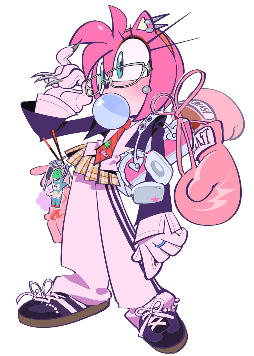 1girl, adjusting_eyewear, amy_rose, animal_ears, animal_nose, bag, blush, boxing_gloves