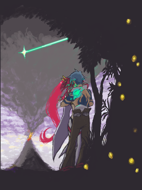 1girl, alternate_end, blue_hair, couple, epic, glowing, good_end, hug, kamina, kiss, ponytail, red_hair, redhead, spoilers, tattoo, tegaki, tengen_toppa_gurren-lagann, tengen_toppa_gurren_lagann, volcano, yoko_littner, yoko_ritona