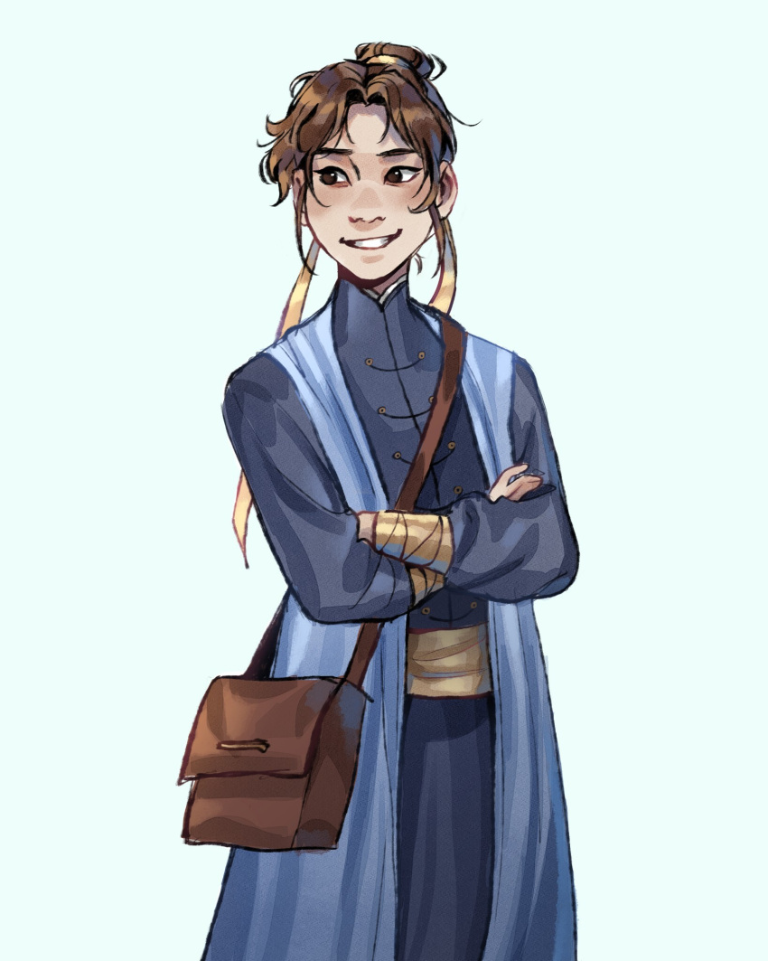 1boy, alternate_costume, alternate_universe, bag, belt, blue_background, blue_hanfu, blue_robe