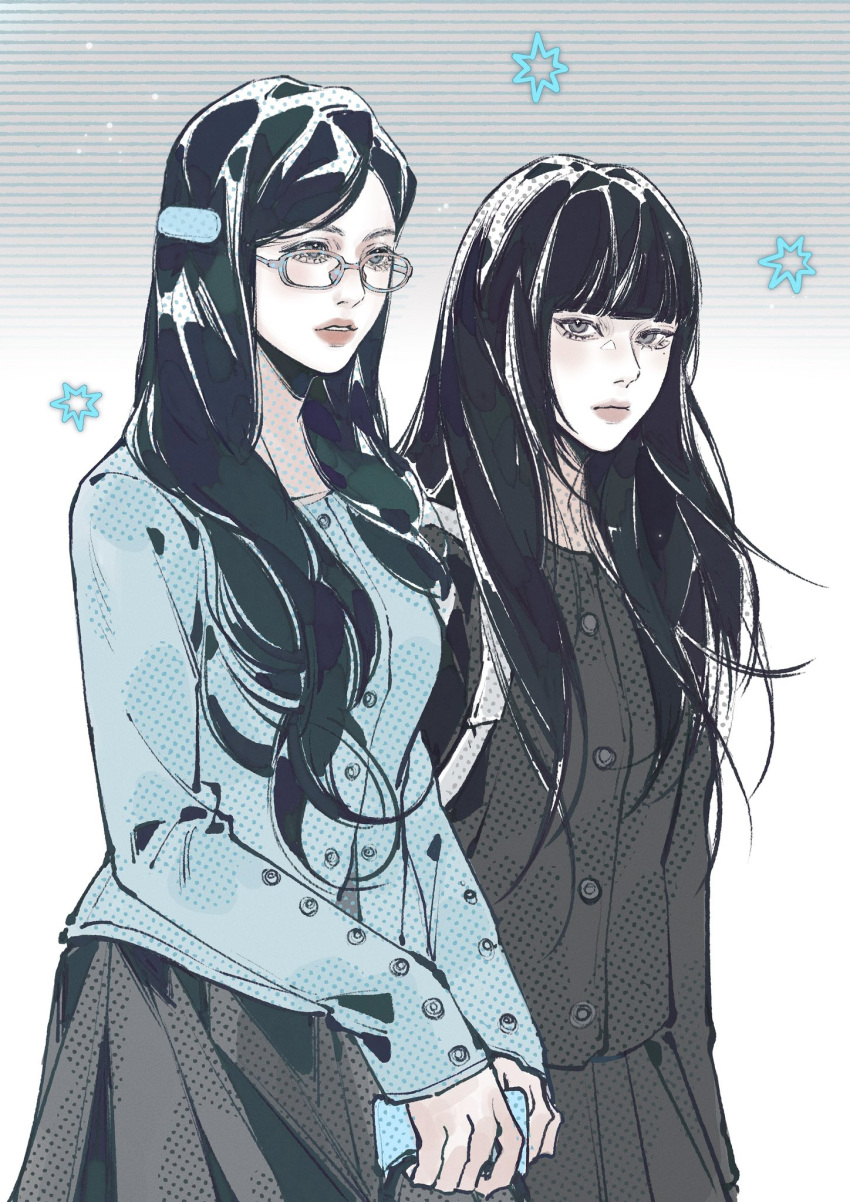 2girls, bag, black_hair, black_jacket, black_skirt, blue_jacket, blunt_bangs, commentary