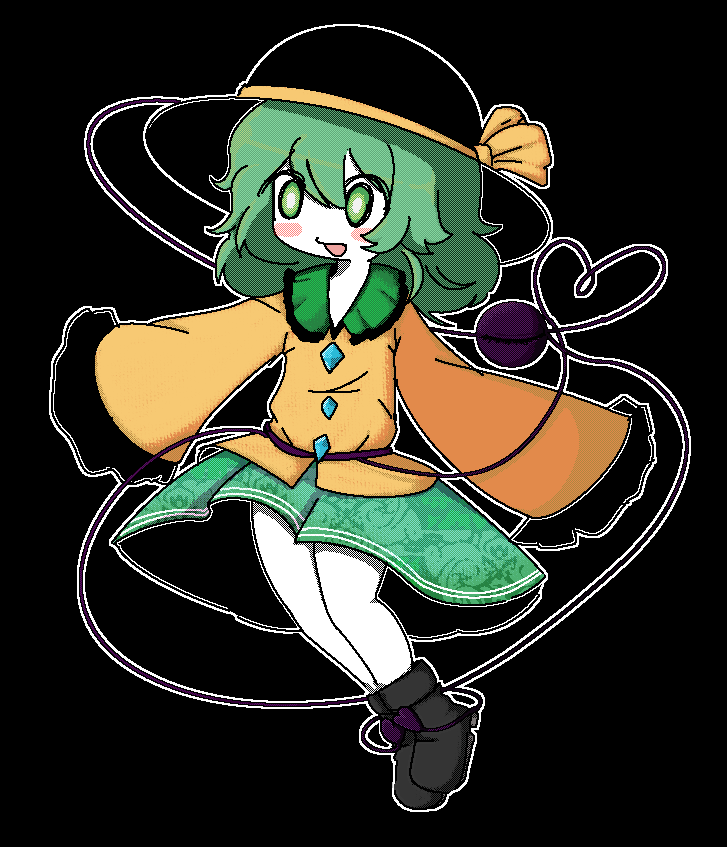 :d, black_hat, blush, boots, bow, colored_skin, dithering, eyeball
