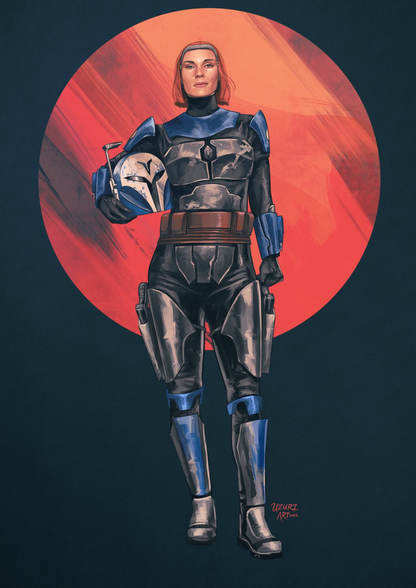 1girl, artist_name, black_gloves, bo-katan_kryze, clenched_hand, gloves, helmet, highres