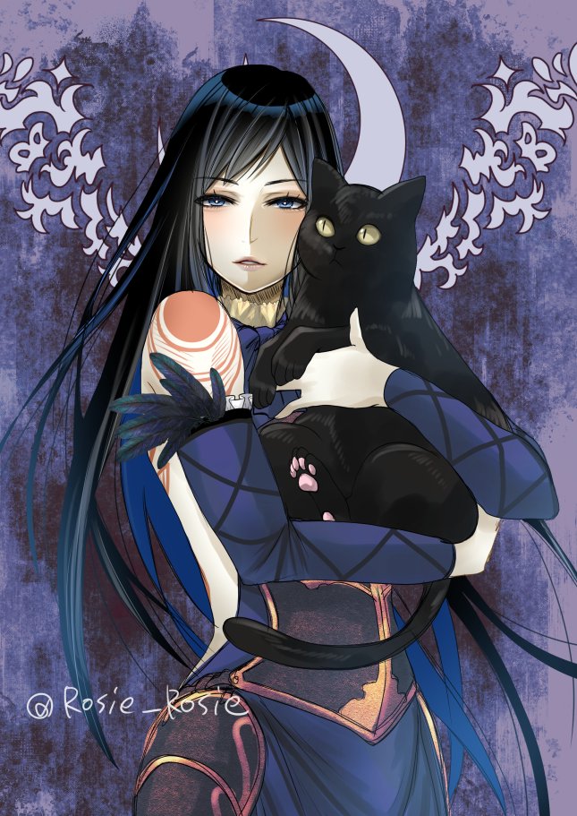1girl, animal, artist_name, black_cat, black_fur, black_hair, blue_sleeves, castlevania:_order_of_ecclesia, castlevania_(series), cat, detached_sleeves, holding, holding_animal, holding_cat, long_hair, looking_at_viewer, parted_bangs, parted_lips, purple_background, rosie_rosie, shanoa_(castlevania), shoulder_tattoo, tattoo, twitter_username, yellow_eyes