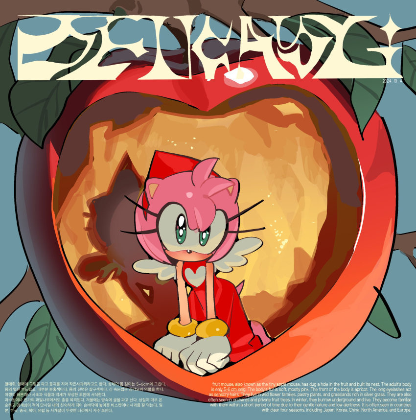 1girl, absurdres, amy_rose, animal_ears, animal_nose, apple, bracelet, dress