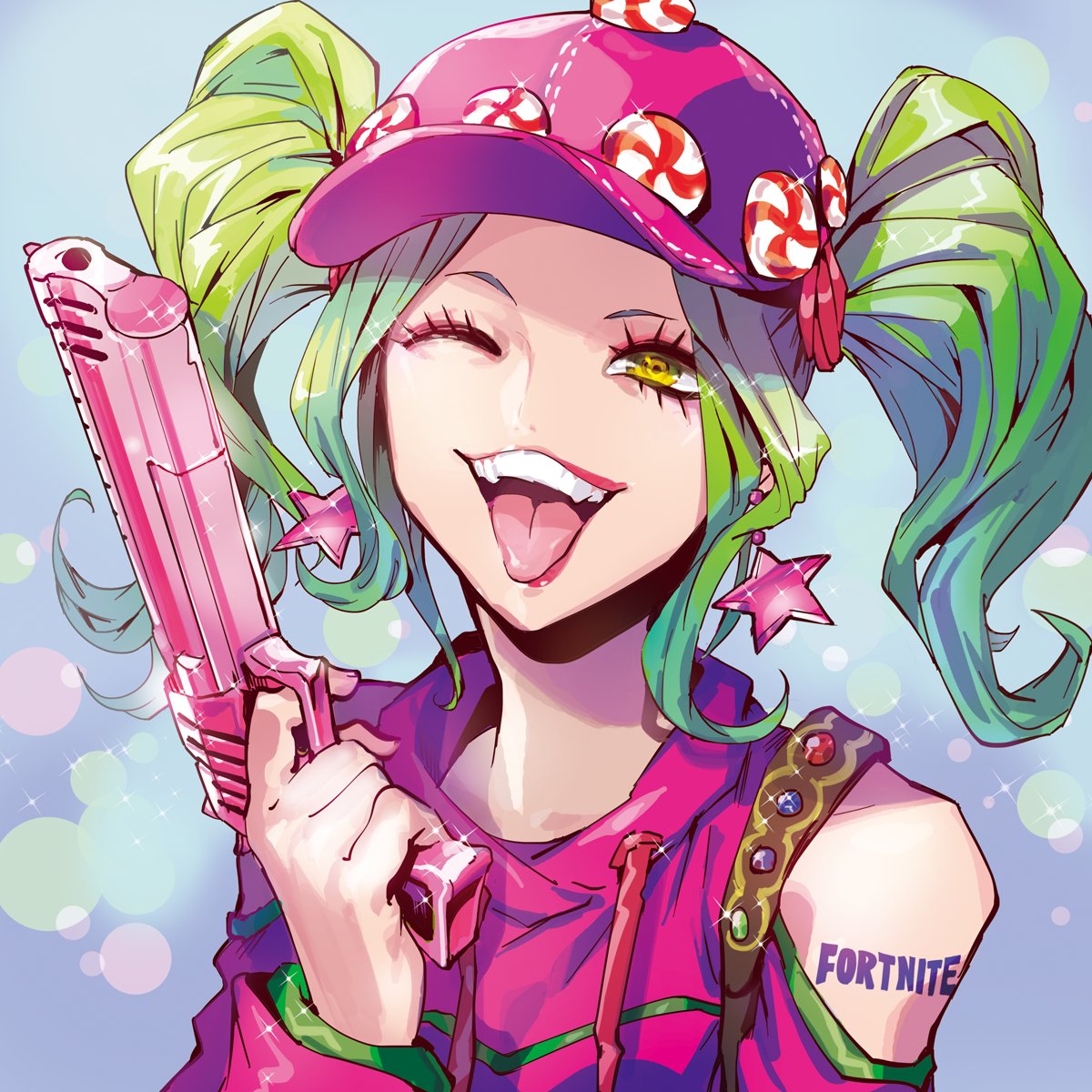 1girl, bare_shoulders, earrings, fortnite, green_eyes, green_hair, gun, hat