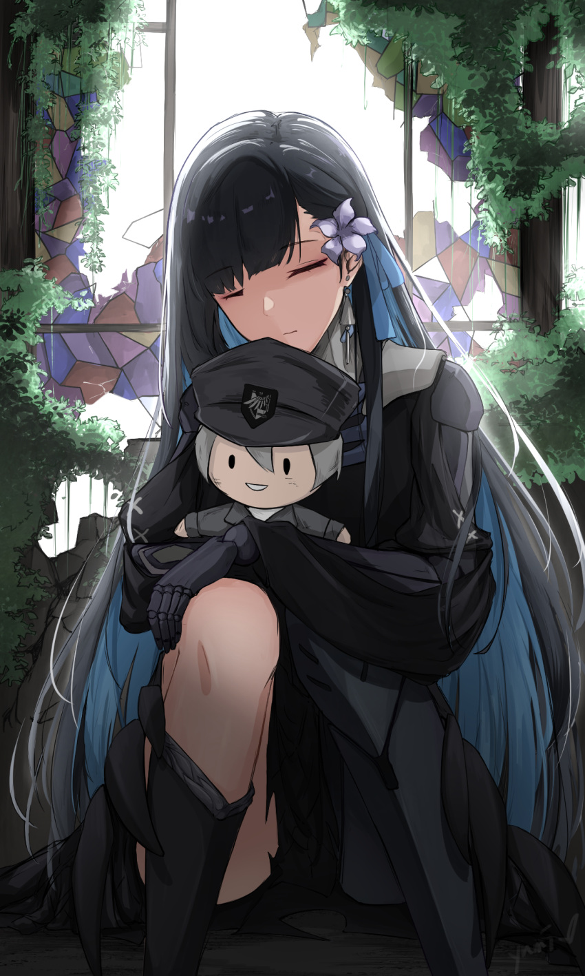 1girl, :d, aikawa_yumi, black_hair, blue_hair, broken_window, character_doll, closed_eyes