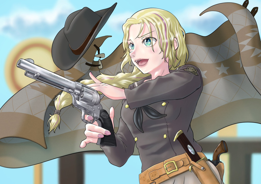 1girl, antique_firearm, artist_name, blonde_hair, colt_single_action_army, cow_girl, cowboy_hat, cowboy_western
