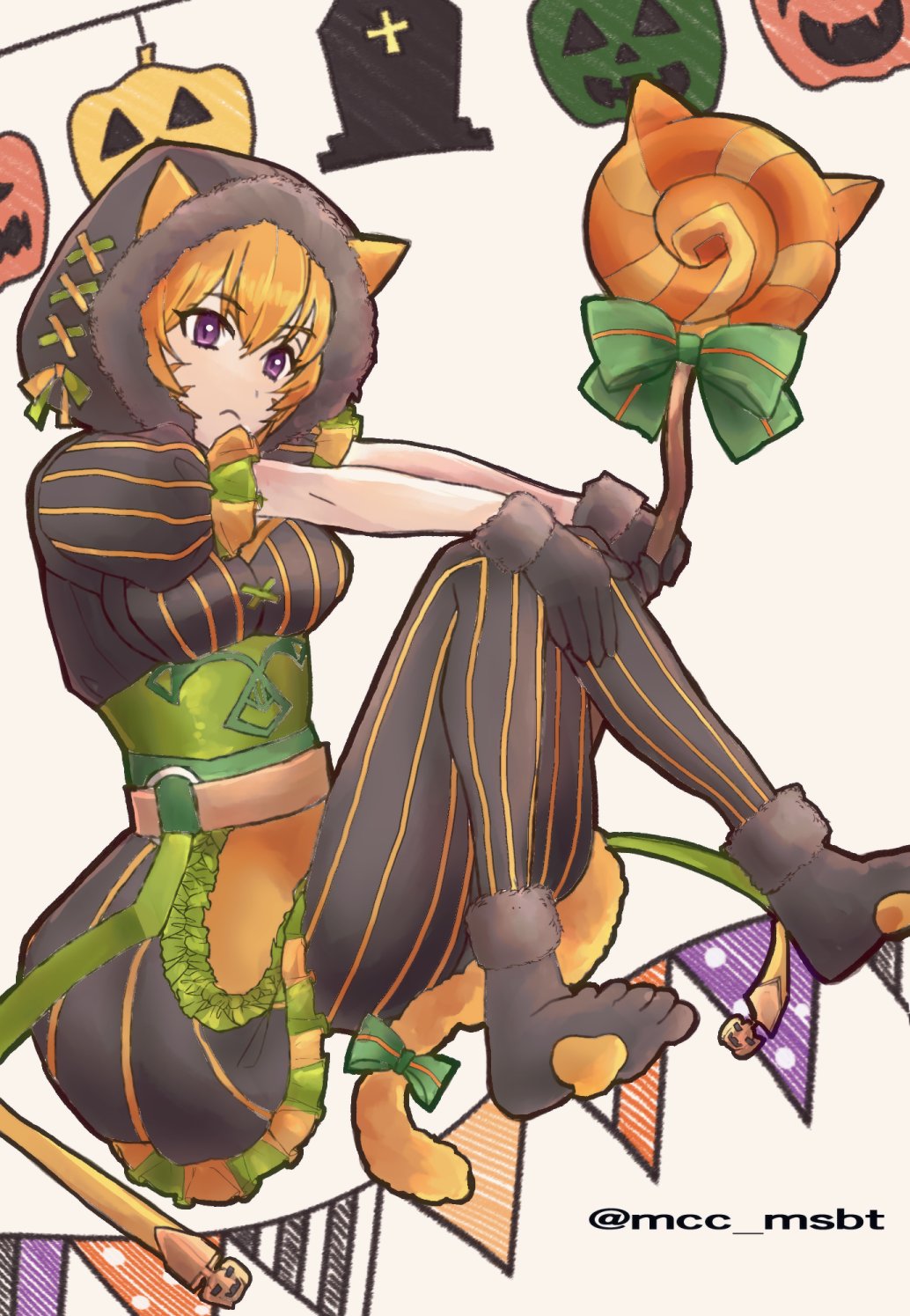 1girl, animal_ears, animal_hands, apron, black_gloves, black_hood, bow, candy