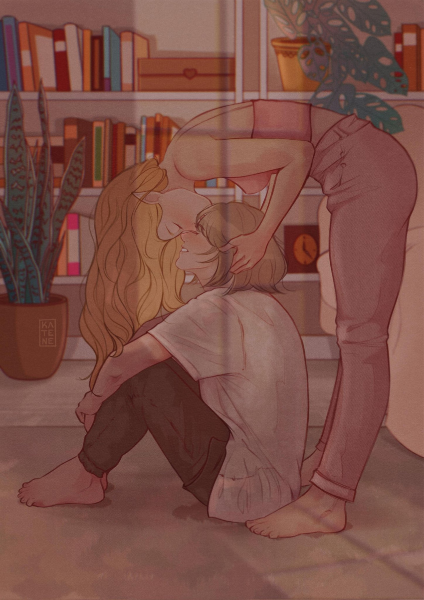 2girls, barefoot, black_pants, blonde_hair, book, bookshelf, breasts, clock
