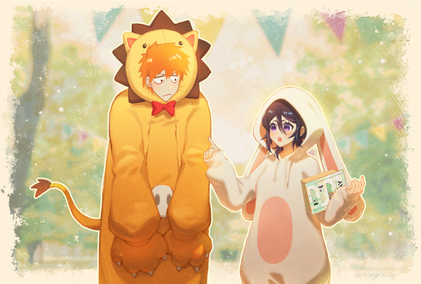 1boy, 1girl, animal_costume, animal_hood, black_hair, bleach, blurry, blurry_background
