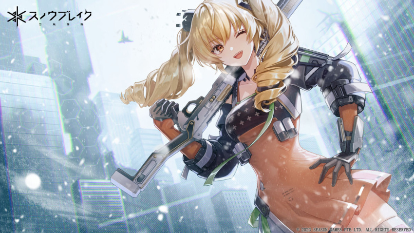 1girl, ;d, amaichi_esora, black_jacket, blonde_hair, breasts, building, dress