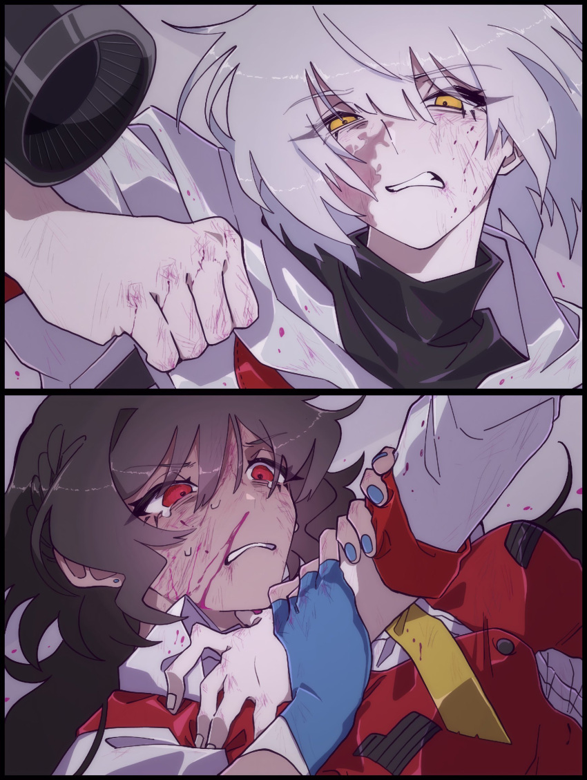 2girls, 580aoi, arm_cannon, black_hair, blood, dark-skinned_female, dark_skin, genderswap