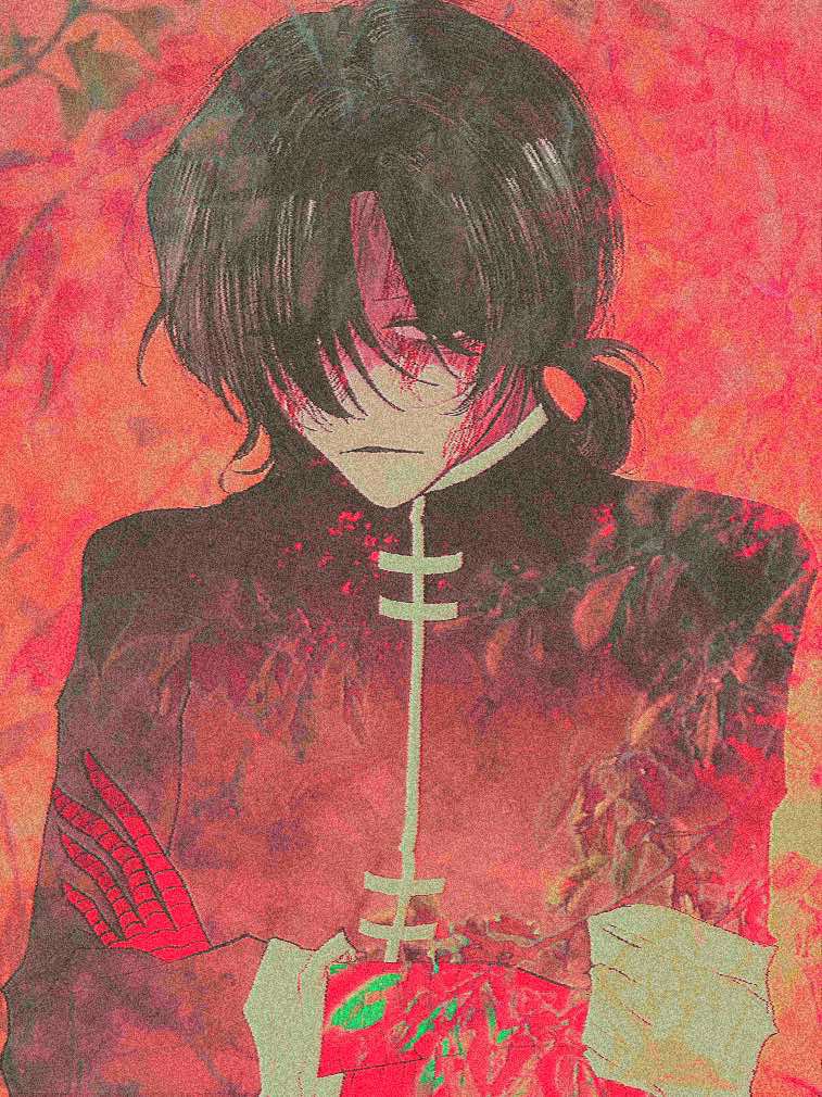 1girl, 87k2cs, bandaged_arm, bandaged_hand, bandages, black_hair, black_shirt, burn_scar