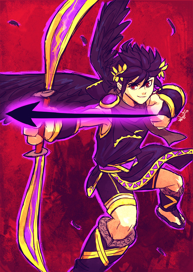 1boy, aiming, angel, angel_wings, arrow_(projectile), black_hair, bow_(weapon), dark_pit