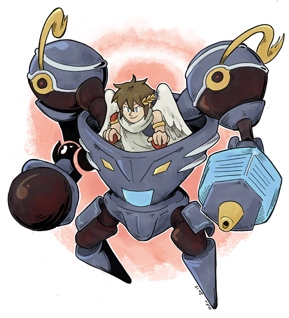 1boy, angel, angel_wings, arm_cannon, brown_hair, cherubot_(kid_icarus), featherofmetis, kid_icarus