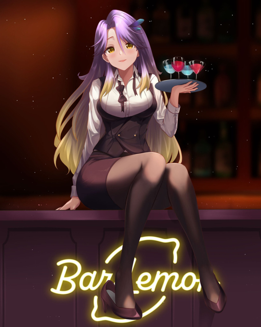 1girl, angrycomputer_studio, black_bow, black_bowtie, black_pantyhose, black_skirt, black_vest, blonde_hair, blush, bow, bowtie, breasts, commentary, drink, english_commentary, feathers, full_body, glass, gradient_hair, high_heels, highres, holding, holding_tray, large_breasts, lips, lua_asuka, multicolored_hair, neon_lights, pantyhose, production_kawaii, purple_footwear, purple_hair, second-party_source, shirt, sitting, skirt, solo, tray, vest, white_shirt, yellow_eyes