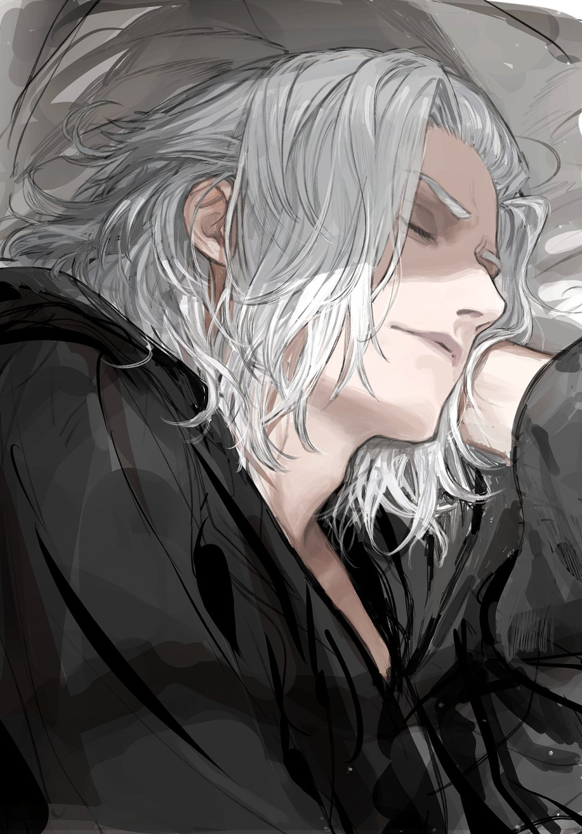 1boy, arm_behind_head, black_capelet, capelet, close-up, closed_eyes, doranatsu_(plant_ffxiv), emet-selch