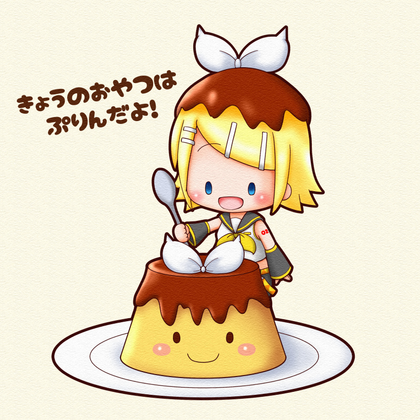 absurdres, blonde_hair, blue_eyes, blush, bow, chibi, commentary_request, detached_sleeves