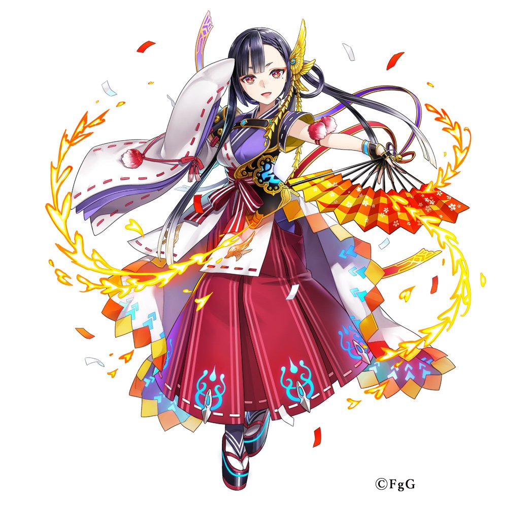 1girl, :d, chihaya_(dare_ga_tame_no_alchemist), commentary_request, confetti, dare_ga_tame_no_alchemist, folding_fan, full_body