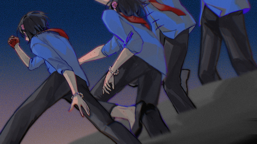 4boys, absurdres, black_hair, black_pantyhose, blue_shirt, bracelet, chinese_commentary, clone