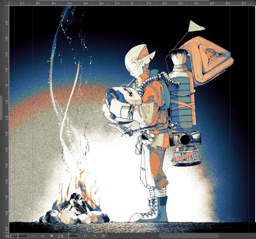 1boy, bandaged_leg, bandages, boots, campfire, clip_studio_paint_(medium), film_grain, gradient_background