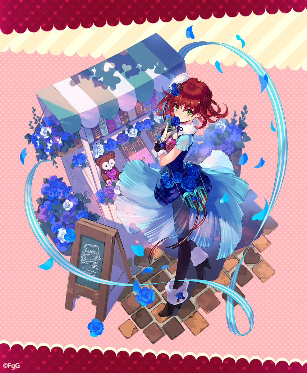 1girl, ascalon_(phantom_of_the_kill), blue_flower, blue_petals, blue_rose, book, closed_mouth, commentary_request