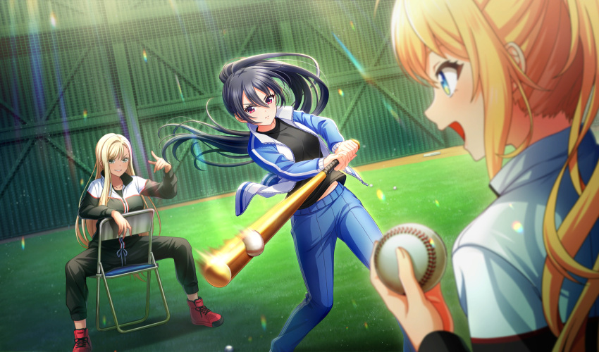 3girls, amelia_thunders, ball, baseball_(object), baseball_bat, black_hair, black_pants, black_shirt, blonde_hair, blue_hair, blue_pants, blurry, chair, cinderella_series, closed_mouth, depth_of_field, dutch_angle, film_grain, floating_hair, folding_chair, frida_fernandez_amber, game_cg, green_eyes, grin, hachigatsu_no_cinderella_nine, hair_between_eyes, high_ponytail, highres, holding, holding_ball, holding_baseball_bat, indoors, jacket, light_rays, long_hair, long_sleeves, looking_at_another, looking_at_object, metal_baseball_bat, motion_blur, multicolored_clothes, multicolored_jacket, multiple_girls, non-web_source, official_alternate_hairstyle, official_art, on_chair, open_clothes, open_jacket, open_mouth, pants, red_eyes, red_footwear, shinonome_ryo, shirt, sitting, sitting_backwards, smile, standing, track_jacket, track_pants, v-shaped_eyebrows, very_long_hair