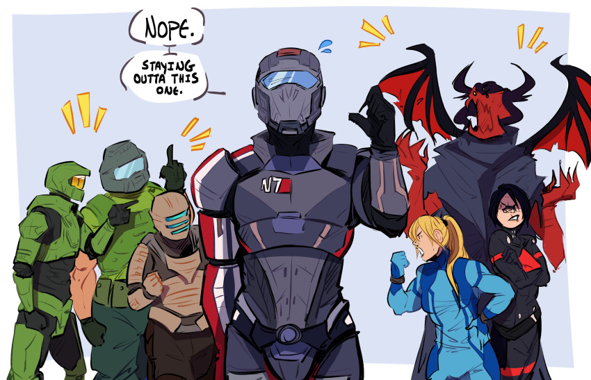 1other, 3boys, 3girls, absurdres, android, arguing, armor, assault_visor
