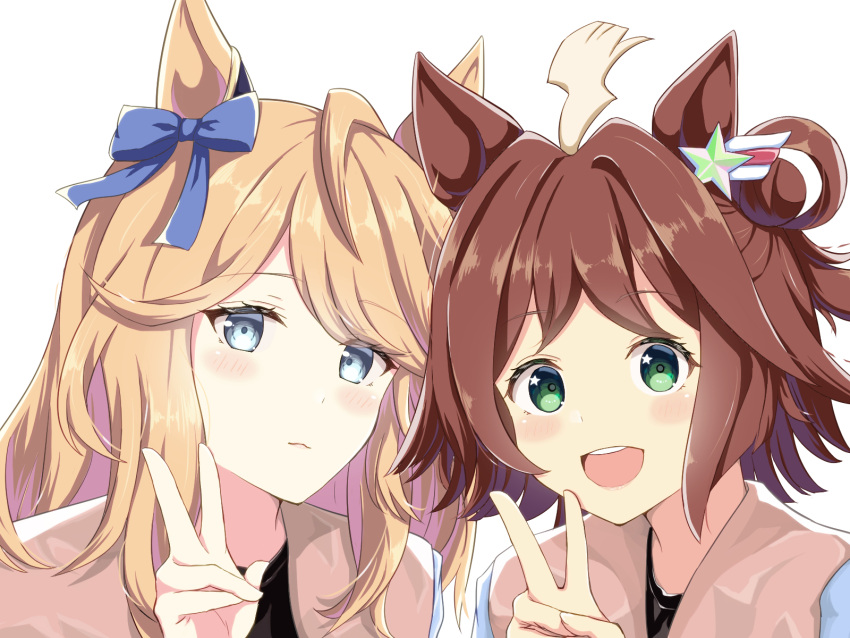 2girls, ahoge, alternate_costume, animal_ears, blonde_hair, blue_eyes, blush, closed_mouth, commentary_request, ear_ornament, gold_city_(umamusume), green_eyes, hair_ornament, highres, horse_girl, kec_(kc0611), looking_at_viewer, multicolored_hair, multiple_girls, rhein_kraft_(umamusume), streaked_hair, teeth, umamusume, upper_body, upper_teeth_only, v, white_background, white_hair