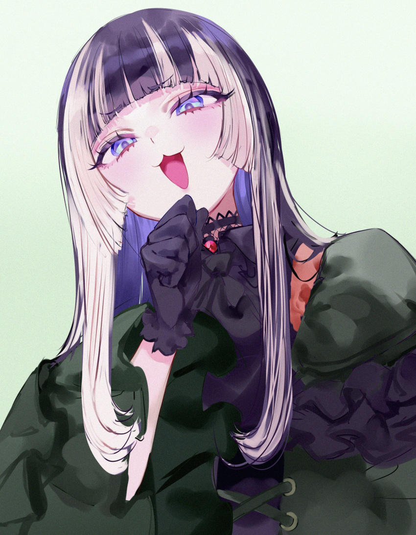 1girl, :3, absurdres, black_gloves, black_hair, blonde_hair, blue_eyes, blunt_bangs