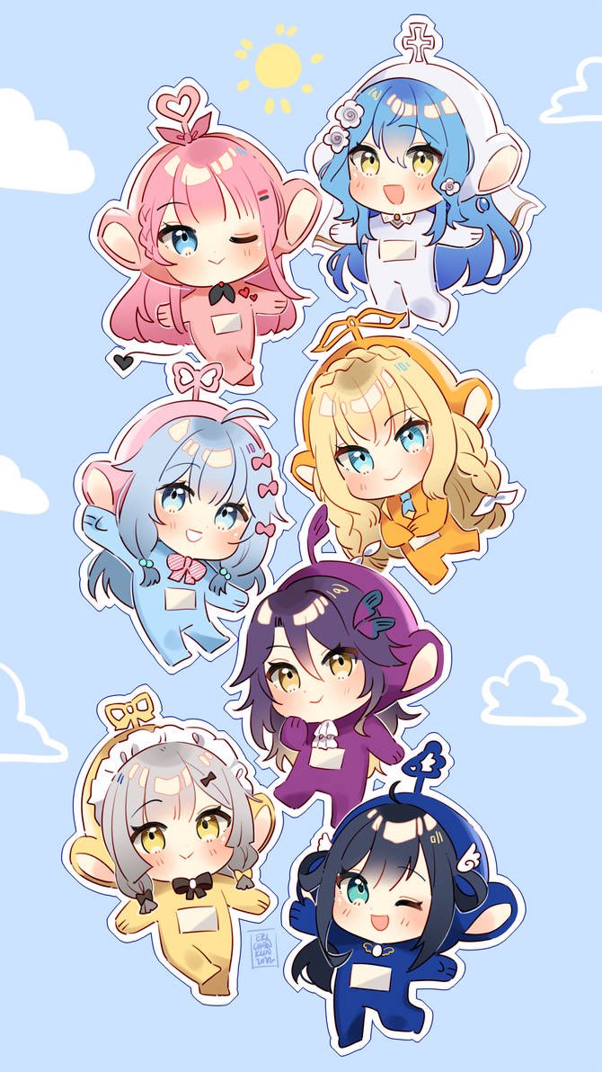 6+girls, :>, :d, ;d, ahoge, amano_nene_(vtuber), black_hair, blonde_hair