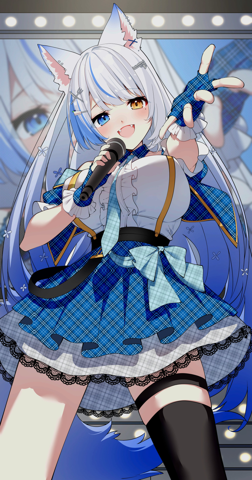 1girl, absurdres, animal_ears, aqua_necktie, black_thighhighs, blue_eyes, blue_gloves, blue_hair