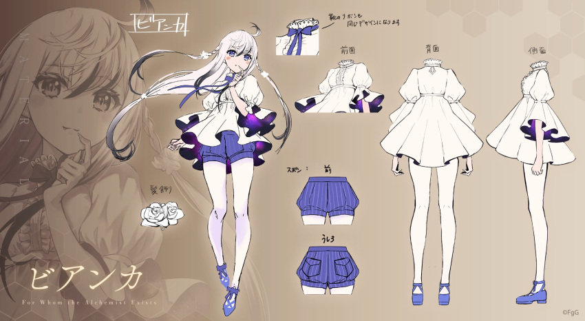 1girl, ahoge, bianca_(dare_ga_tame_no_alchemist), black_hair, blue_eyes, blue_footwear, blue_shorts, braid, brown_background, character_name, closed_mouth, commentary_request, dare_ga_tame_no_alchemist, dress, floating_hair, from_behind, from_side, full_body, highres, long_hair, looking_at_viewer, multicolored_hair, official_art, pantyhose, reference_sheet, rinzo, second-party_source, shorts, simple_background, smile, standing, streaked_hair, two-tone_hair, white_dress, white_hair, white_pantyhose