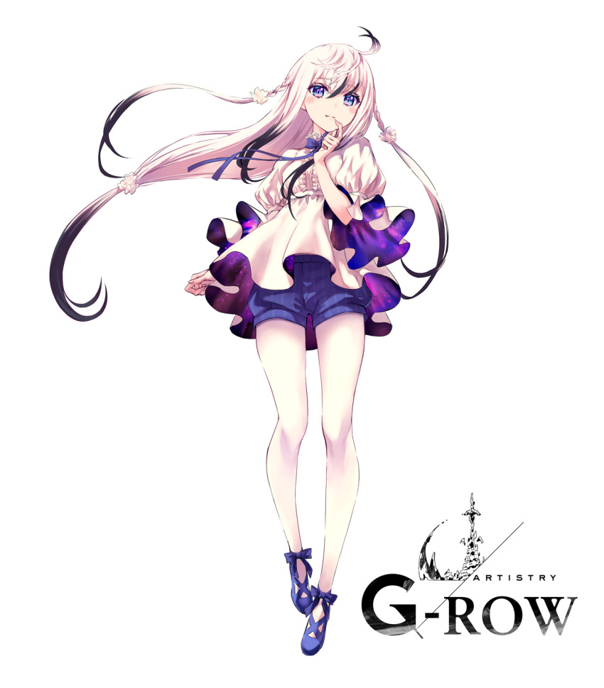 1girl, ahoge, bianca_(dare_ga_tame_no_alchemist), black_hair, blue_eyes, blue_footwear, blue_shorts, braid, closed_mouth, commentary_request, dare_ga_tame_no_alchemist, dress, floating_hair, full_body, highres, long_hair, looking_at_viewer, multicolored_hair, official_art, pantyhose, rinzo, second-party_source, shorts, simple_background, smile, solo, standing, streaked_hair, two-tone_hair, white_background, white_dress, white_hair, white_pantyhose