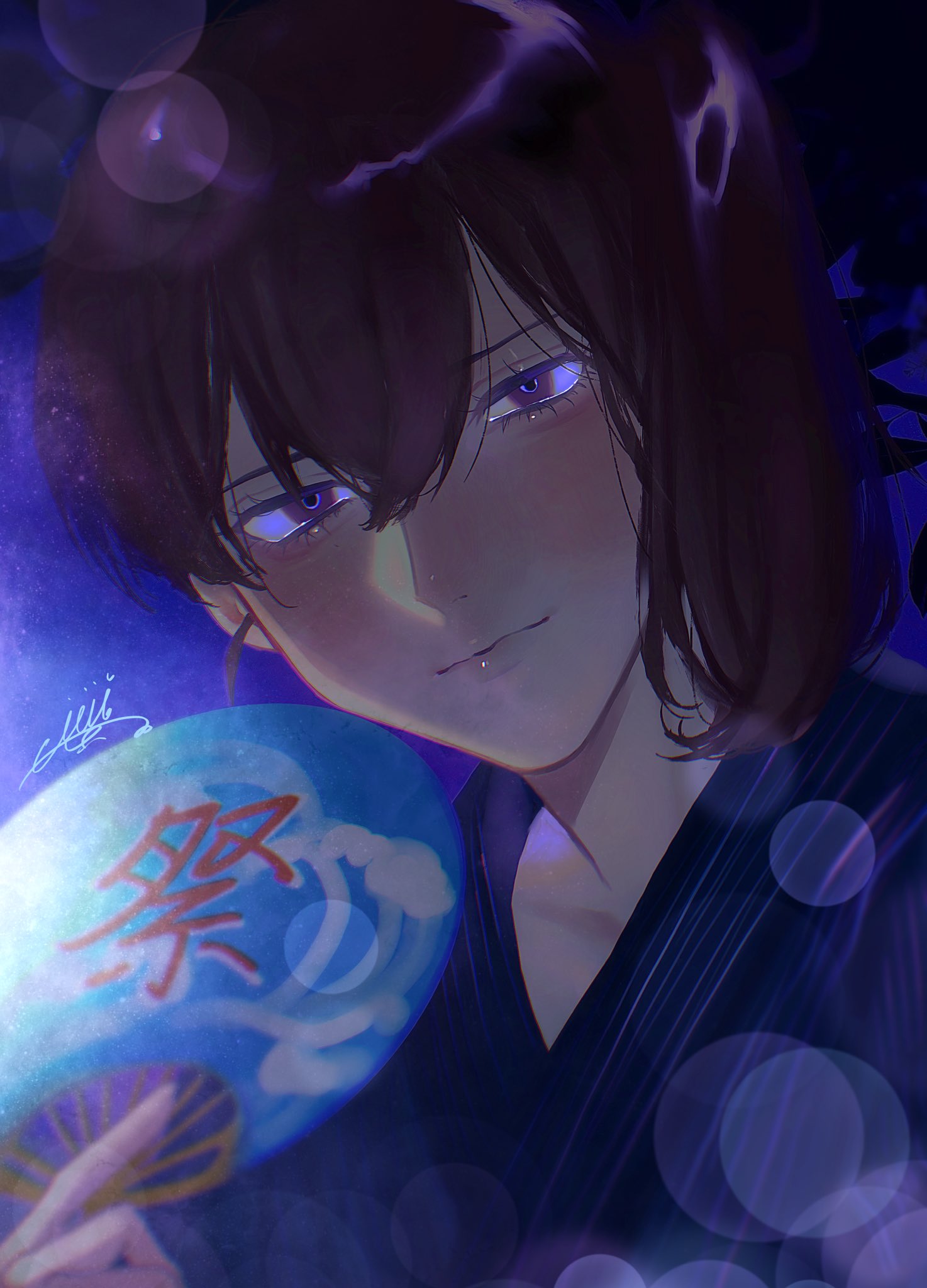 1girl, blue_kimono, blurry, bokeh, brown_hair, closed_mouth, commentary_request, depth_of_field