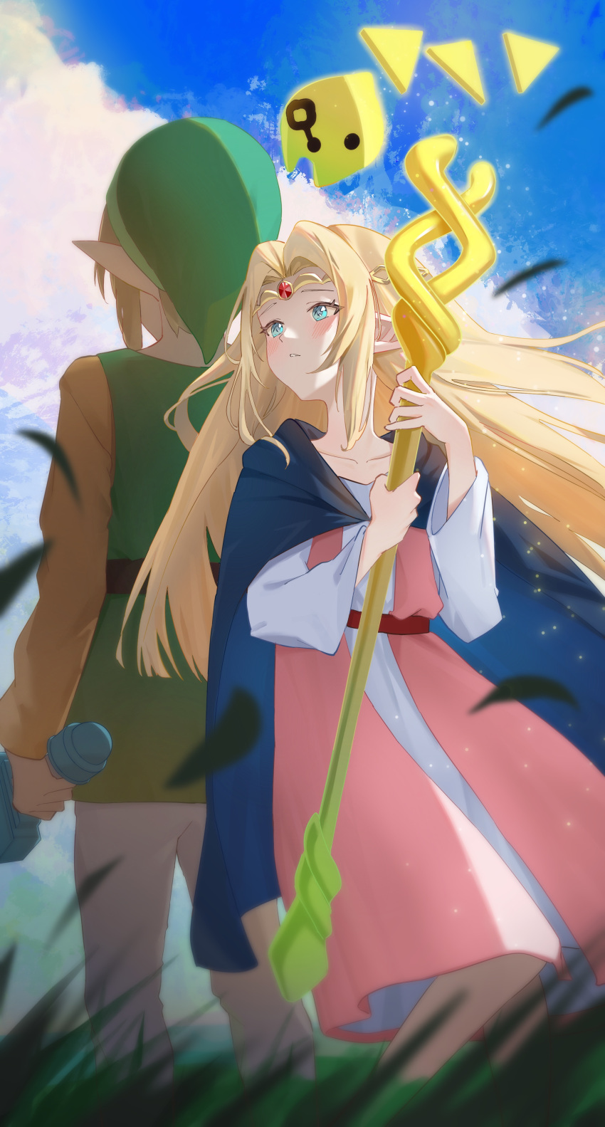 1boy, 1girl, absurdres, aichry, back-to-back, blonde_hair, blue_eyes, circlet