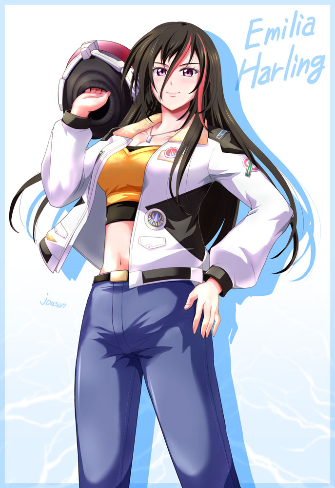 1girl, artist_name, black_hair, blue_border, border, breasts, crop_top, denim, dog_tags, eiyuu_densetsu, emilia_harling, english_text, hair_between_eyes, hand_on_own_hip, helmet, holding, holding_helmet, jacket, jeans, kai_no_kiseki, kuro_no_kiseki_(series), looking_at_viewer, medium_breasts, multicolored_hair, navel, open_clothes, open_jacket, pants, shadow, simple_background, smile, solo, streaked_hair, two-tone_hair, violet_eyes, xiacheng_tatsuya