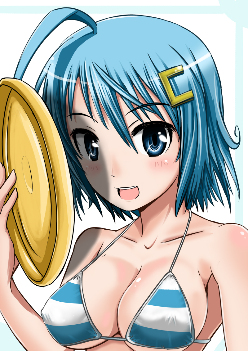 blue_eyes, blue_hair, breasts, cleavage, frisbee, large_breasts, mint_(cerbi), original