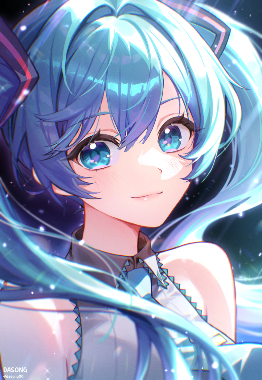 1girl, absurdres, aqua_eyes, aqua_hair, bare_shoulders, blue_eyes, blue_hair, blush, breasts, closed_mouth, dasong, detached_sleeves, hair_between_eyes, hair_ornament, hatsune_miku, highres, long_hair, looking_at_viewer, necktie, open_mouth, shirt, simple_background, sleeveless, smile, solo, twintails, very_long_hair, vocaloid