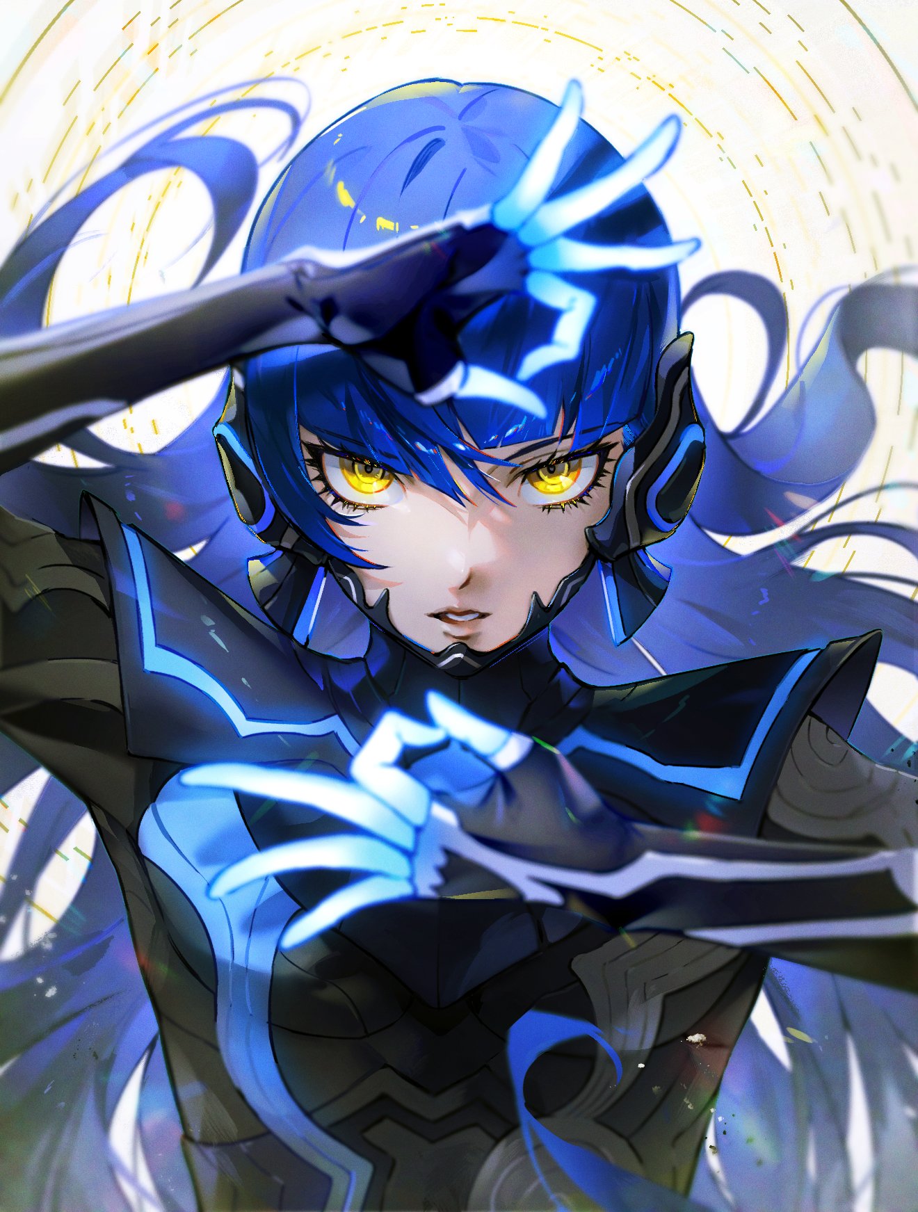 1boy, black_bodysuit, blue_hair, bodysuit, double_ok_sign, eyelashes, glowing, hair_between_eyes