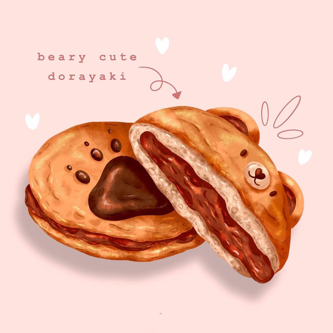 :3, abbey_and_bear, animal-themed_food, arrow_(symbol), bear, brown_eyes, closed_mouth, commentary