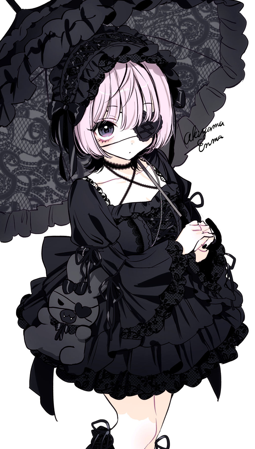1girl, akiyama_enma, black_dress, black_hair, black_nails, black_theme, choker, cross-laced_clothes