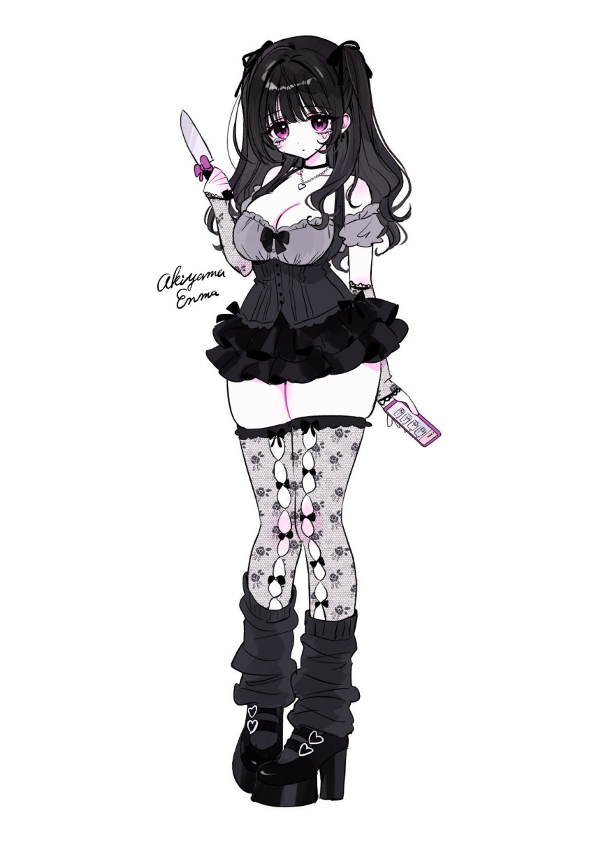 1girl, akiyama_enma, alternate_hairstyle, arm_warmers, artist_name, black_hair, bow, breasts