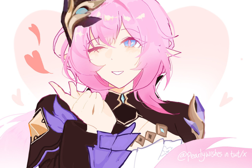 1girl, blue_eyes, corset, elf, elysia_(honkai_impact), elysia_(miss_pink_elf)_(honkai_impact), english_commentary, hair_ornament, heart, heart_background, highres, honkai_(series), honkai_impact_3rd, long_hair, one_eye_closed, parted_lips, pearlywishes, pink_hair, pink_pupils, pointy_ears, portrait, solo, twitter_username, white_corset