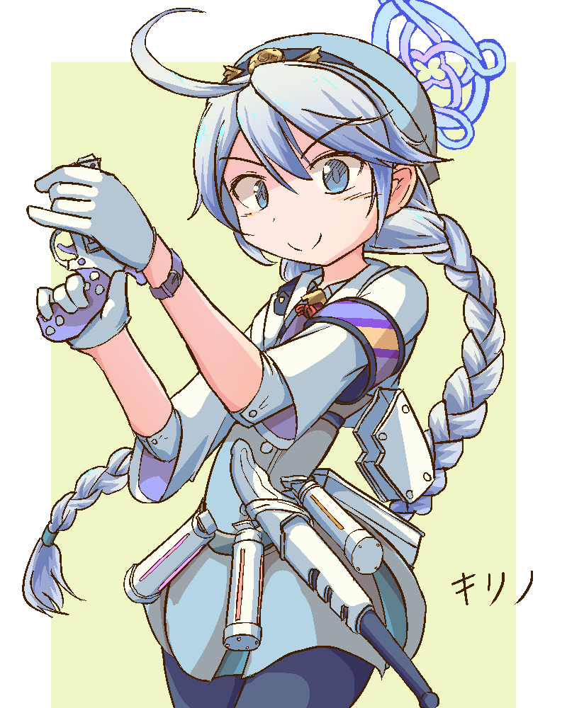 1girl, ahoge, baton_(weapon), black_pantyhose, blue_archive, blue_eyes, blue_halo, blush