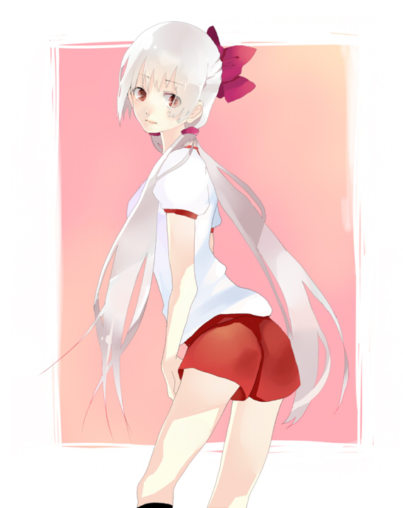 alternate_hairstyle, bad_id, bow, buruma, fujiwara_no_mokou, hair_bow, hair_ribbon, long_hair