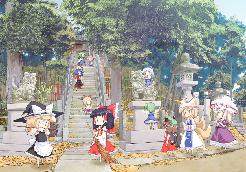 6+girls, chen, cirno, daiyousei, forest, hakurei_reimu, highres, ibuki_suika, jpeg_artifacts, kirisame_marisa, kochiya_sanae, komainu, moriya_suwako, multiple_girls, multiple_tails, nature, scenery, shrine, stairs, statue, stone_lantern, tail, touhou, yakumo_ran, yakumo_yukari, yamazaki_mitsuru, yasaka_kanako