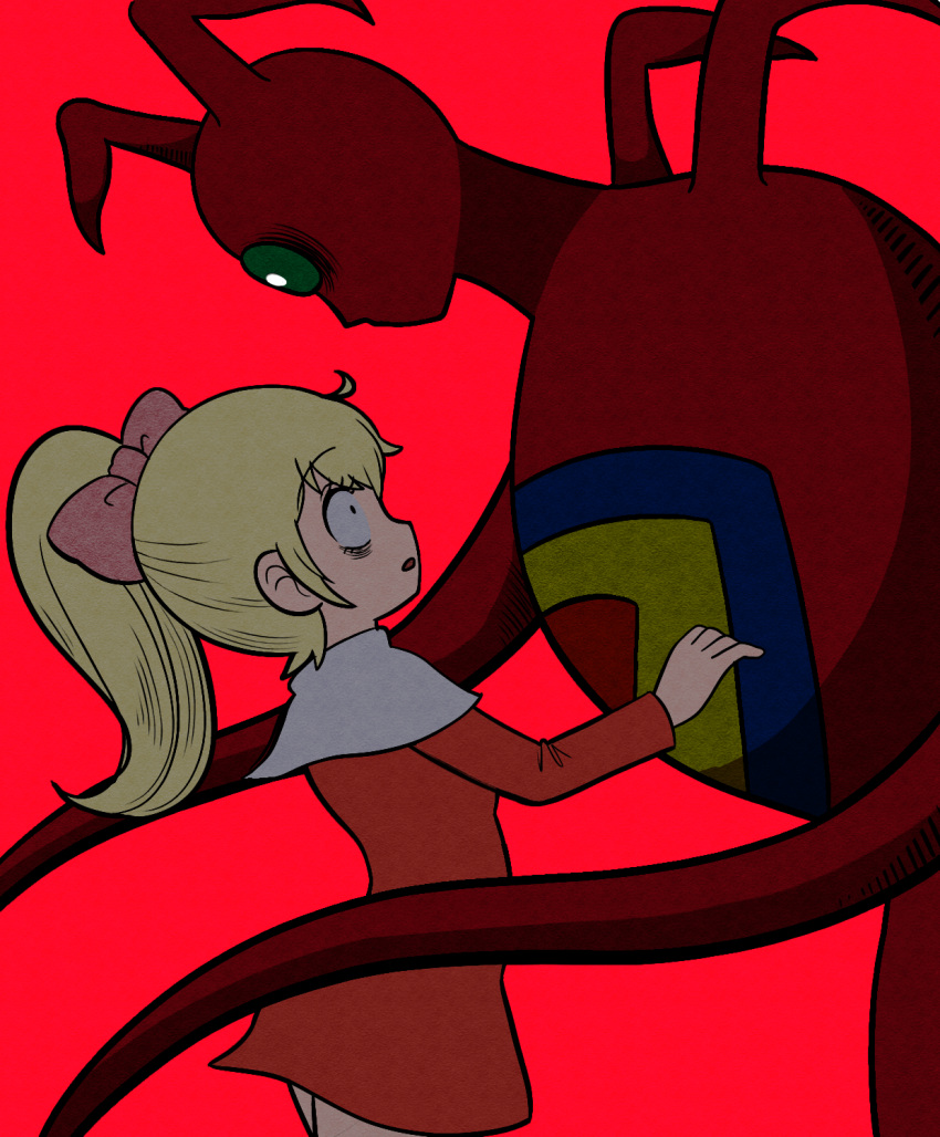 1girl, bags_under_eyes, blonde_hair, blush, bow, chargeman_ken!, colored_skin, commentary_request