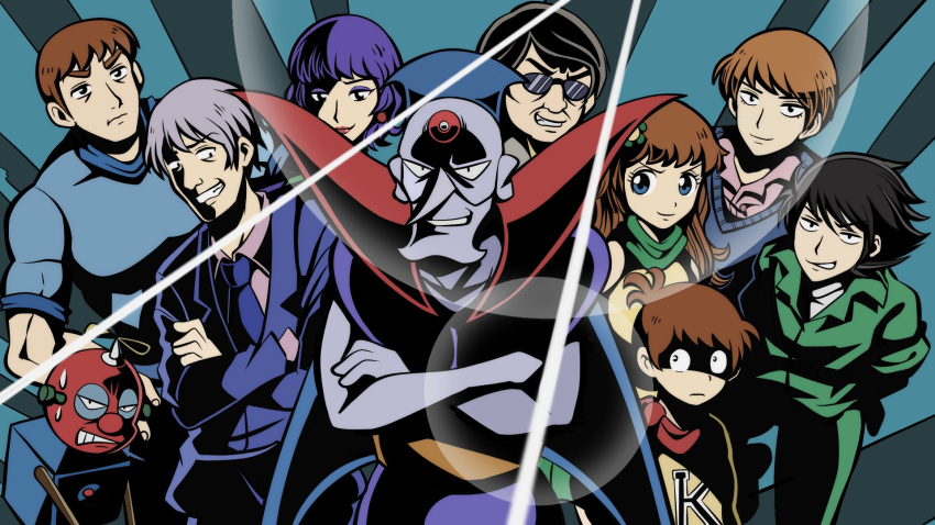 2girls, 6+boys, black_hair, blue_cardigan, blue_eyes, blue_necktie, brown_hair, cardigan